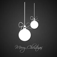 Simple white Christmas balls with bow on black background. Holiday greeting card with merry Christmas sign vector