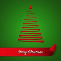 Red abstract Christmas tree on green background with red curled paper ribbon and Merry Christmas inscription. Christmas card vector