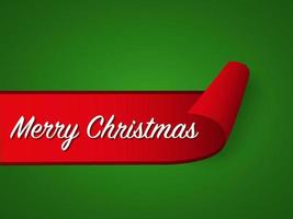 Red curled paper ribbon and Merry Christmas inscription on green background. Vector illustration of holiday banner