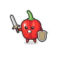 cute red bell pepper soldier fighting with sword and shield vector