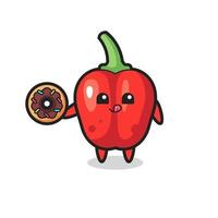 illustration of an red bell pepper character eating a doughnut vector