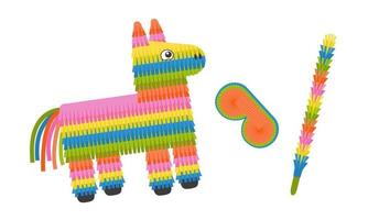 Pinata donkey with eye mask and stick isolated on white background. Colorful pinata toy with sweets and candies for birthday party vector