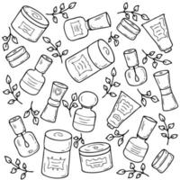 Doodle set of retro style cosmetic jars with labels. vector