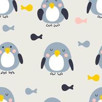 Cartoon style penguins with fish seamless pattern. vector