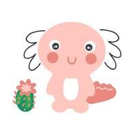 Hand drawn axolotl with cactus. vector