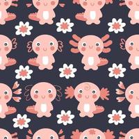 Hand drawn seamless pattern with axolotls and flowers. vector