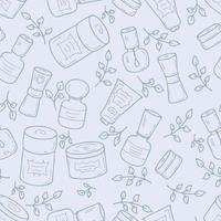 Doodle cosmetic jars with labels and leaves seamless pattern. vector