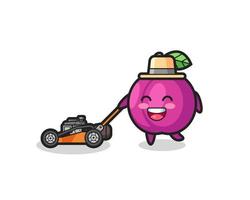 illustration of the plum fruit character using lawn mower vector