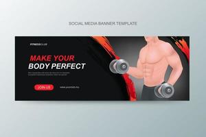 plantilla de anuncio de banner para gimnasio. Ilustración 3d de barra de elevación de hombre fuerte. diseño de banner deportivo vector