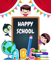 Cartoon Happy School Children and Penguin. vector