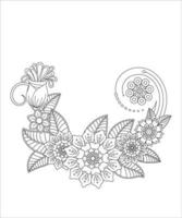 Mehendi flower drawing and tatto. Outline hand draw for adult coloring page vector