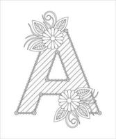 Alphabet coloring page with floral style. ABC coloring page - letter A vector