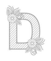 Alphabet coloring page with floral style. ABC coloring page - letter D vector