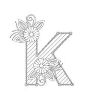 Alphabet coloring page with floral style. ABC coloring page - letter K vector