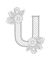 Alphabet coloring page with floral style. ABC coloring page - letter U vector