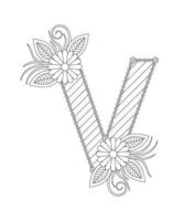 Alphabet coloring page with floral style. ABC coloring page - letter V vector