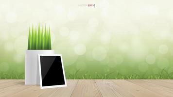 Blank photo frame and flower pot on wooden terrace with light blurred bokeh of green natural area background. Vector. vector