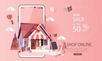 Compras de arte en papel en línea en teléfonos inteligentes y promoción de venta de nueva compra fondo rosa para el concepto de mujeres de comercio electrónico de mercado de banner. vector