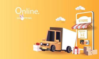 Online delivery service home office  Warehouse,cartoon paper art on mobile. Vector illustration.shopping online