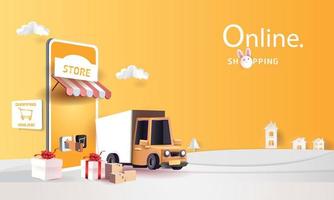 Online delivery service home office  Warehouse,cartoon paper art on mobile. Vector illustration.shopping online
