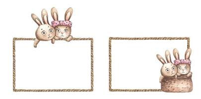 Set of Cute Rabbits with brown rope frame. Watercolor illustration. vector