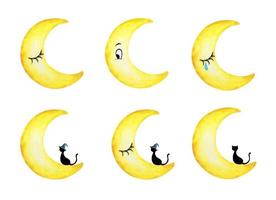 Set of Cute yellow crescent moon. Watercolor illustration. vector