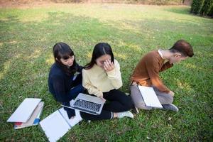 Grupo de estudiantes universitarios asiáticos sentados en la hierba verde trabajando y leyendo juntos al aire libre en un parque foto