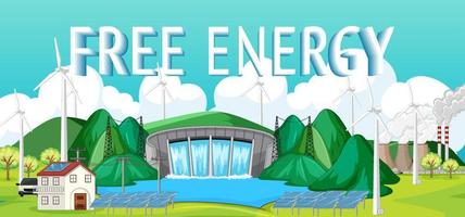 Las centrales hidroeléctricas generan electricidad con banner de energía gratuita. vector