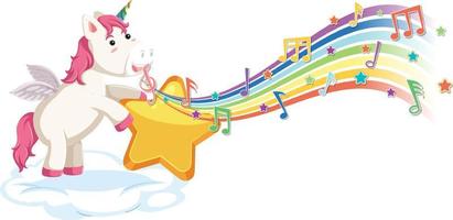 Cute unicorn holding star with melody symbols on rainbow vector