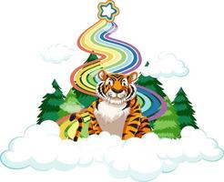 Un tigre sentado en la nube con arco iris sobre fondo blanco. vector