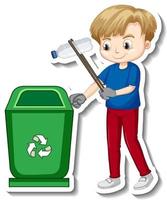 Sticker design with a boy collecting garbage vector