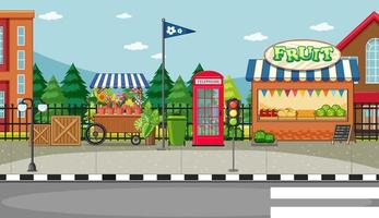 Street side scene with flower cart and fruit shop scene vector