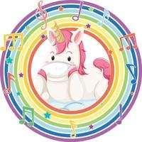 Unicorn in rainbow round frame with melody symbol vector