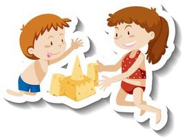 Two kids building sand castle cartoon character sticker vector