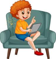 Boy sitting on couch learning from tablet vector