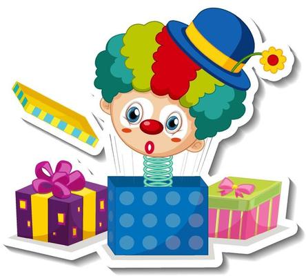 Sticker template with cute clown on a spring in the box