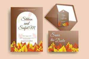 diseño de invitación de boda de otoño con hojas vectoriales realistas. vector