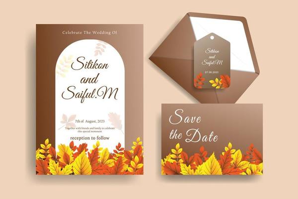 autumn wedding invitation design with realist vector leaves.