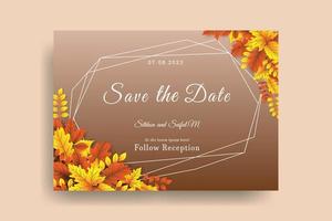 diseño de invitación de boda de otoño con hojas vectoriales realistas. vector