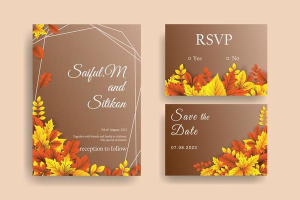 autumn wedding invitation design with realist vector leaves.