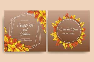 diseño de invitación de boda de otoño con hojas vectoriales realistas. vector