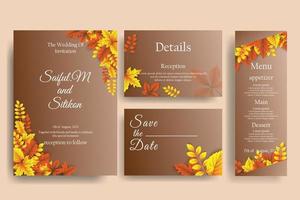 diseño de invitación de boda de otoño con hojas vectoriales realistas. vector