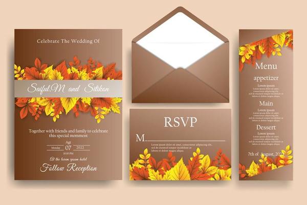 autumn wedding invitation design with realist vector leaves.