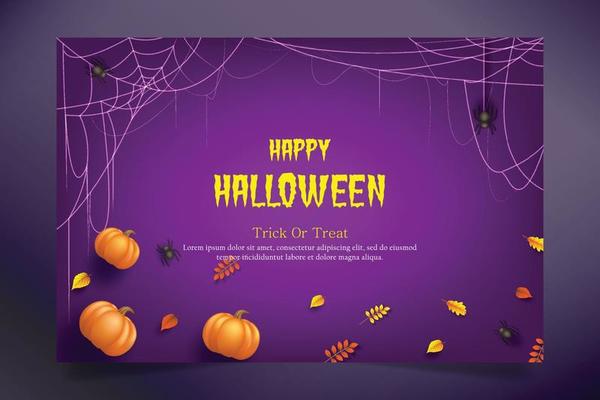 Template background composition Halloween spider webs, pumpkin and autumn leaf.