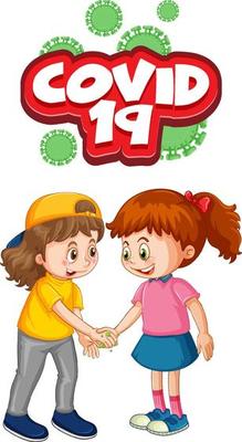 Two kids cartoon character do not keep social distance with Covid-19 font isolated on white background