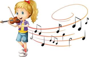 A girl playing violin with melody symbols on white background vector