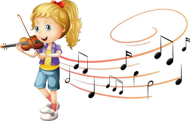 A girl playing violin with melody symbols on white background