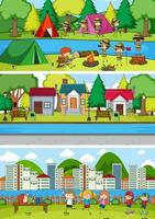 Set of different horizontal scenes background with doodle kids cartoon character vector