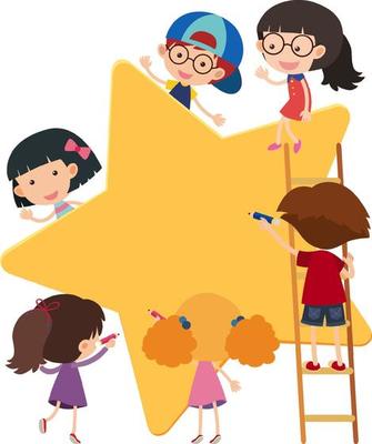 Empty banner star shape with many kids cartoon character