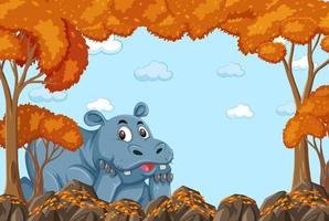 Hippopotamus cartoon character in blank autumn forest scene vector